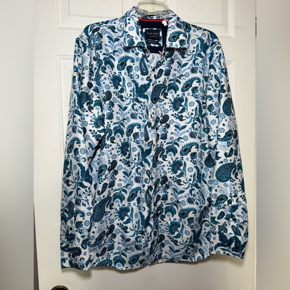 Silver Stone Collection Men’s 2XL Button Up Shirt Blue White Paisley Modern Fit